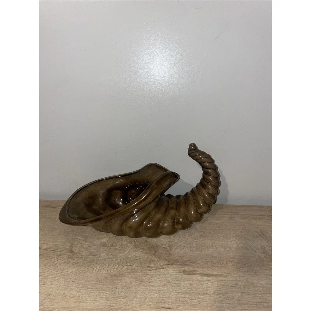 Vintage 1985 Ceramic Cornucopia Horn of Plenty Planter Thanksgiving Brown Glaze